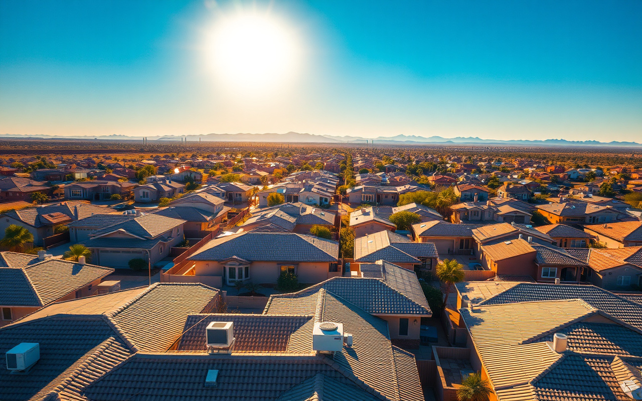 Sun-baked Phoenix rooftops with rooftop AC units under intense summer sun